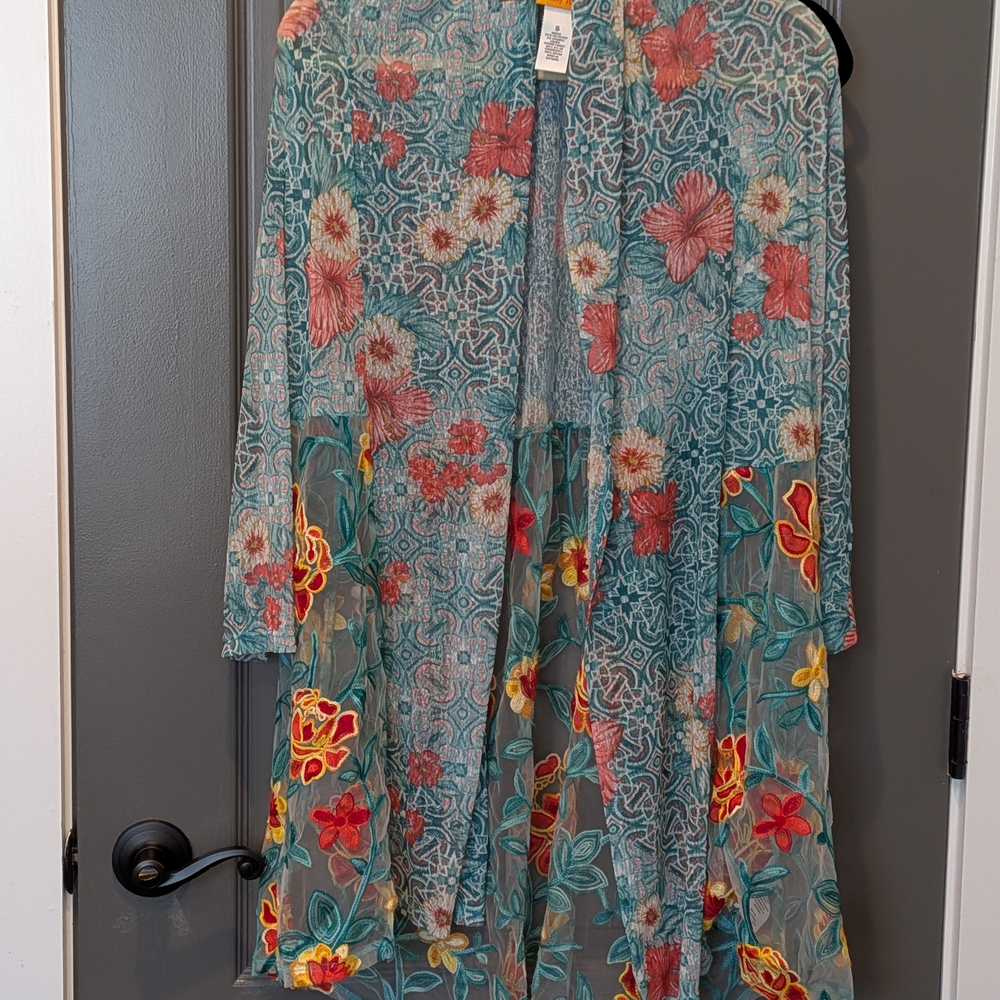 Ruby Rd. Floral Sheer Swim Coverup - Teal and Red